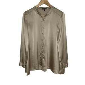 Eileen Fisher Hammered Silk Button Up Shirt MP Tan Champagne Satin Minimalist